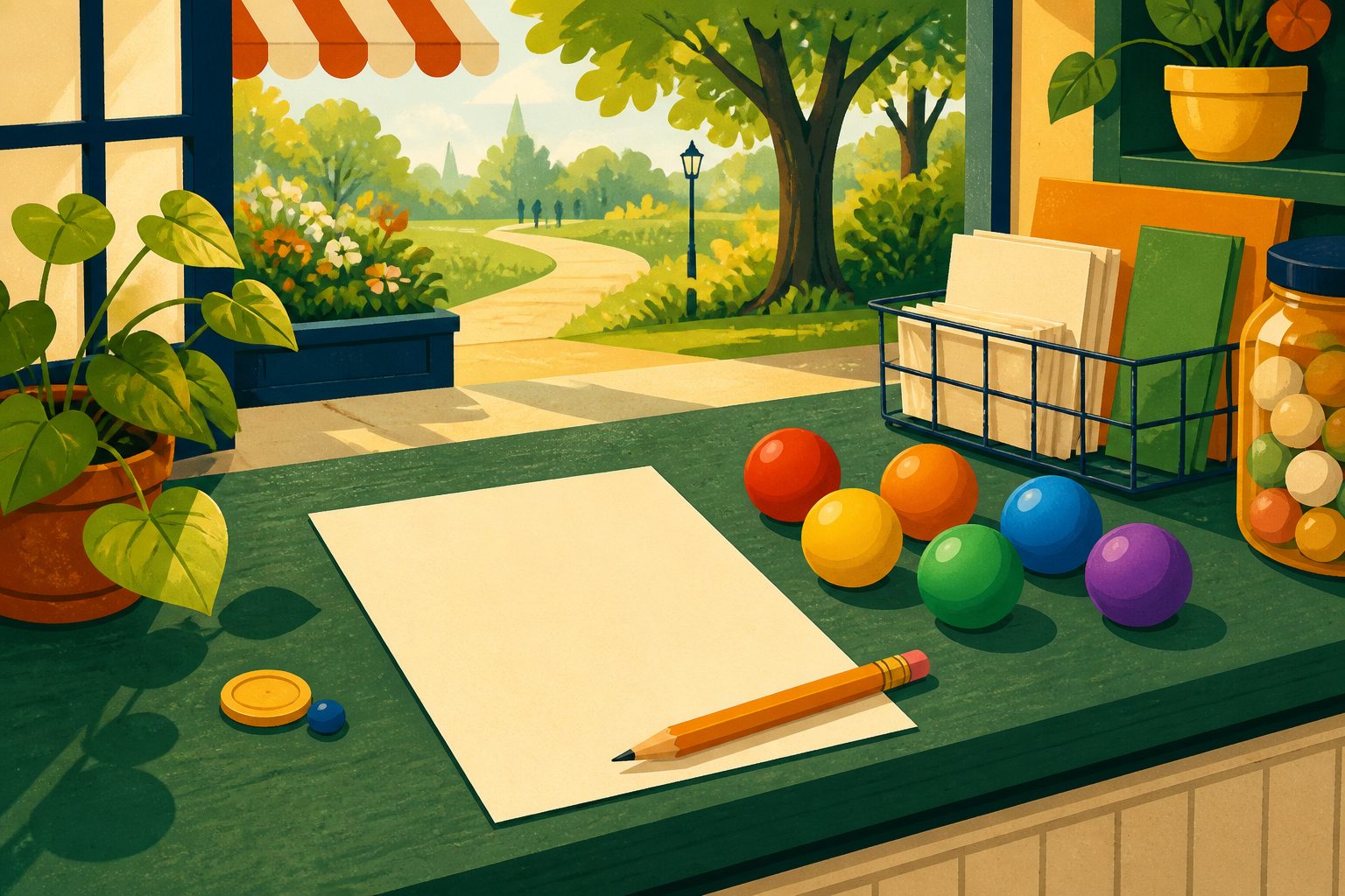 A blank lottery slip, pencil and six colorful balls resting on a sunny green shop counter.