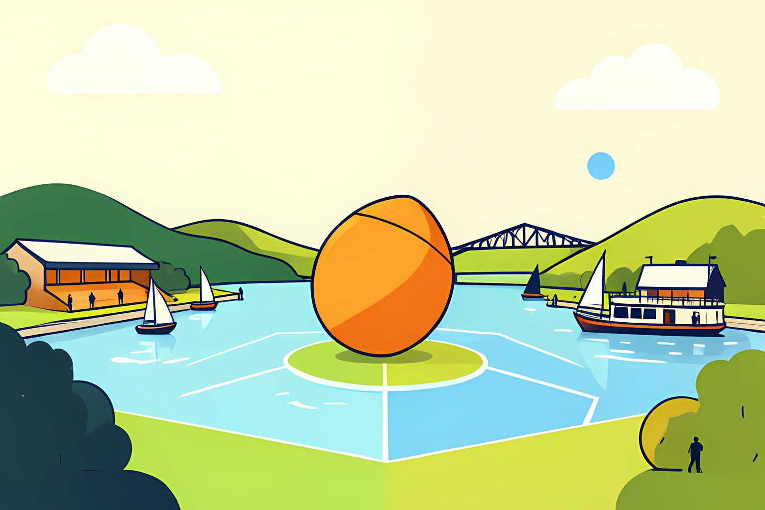 A sunny stylized riverside football stadium seen from across the water, with a single oversized orange football resting at midfield under a bright morning sky and small boats drifting past.