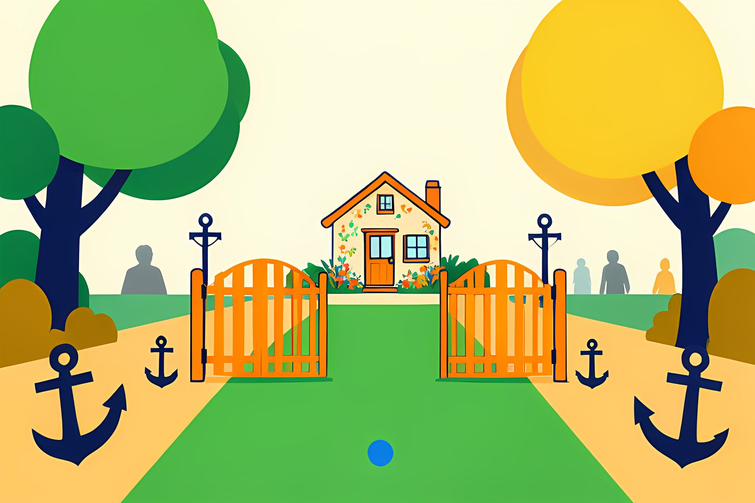 A bright, text-free, person-free editorial scene of two parallel garden paths meeting at a set of open safety gates, with a small flowering workshop beyond them.