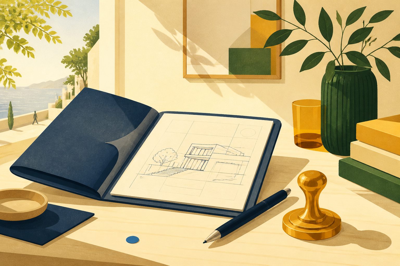 Stylized flat vector illustration of an official brass seal, an open blueprint ledger, and a glowing digital stylus on a wooden desk.