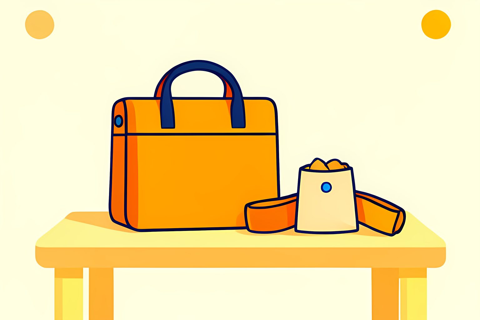 A rich, text-free, person-free still life on a warm-cream low table: a plain insulated delivery bag rests beside a blank championship belt and a small paper bag of food, lit by golden-yellow side light with warm-orange accents and a round blue dot.