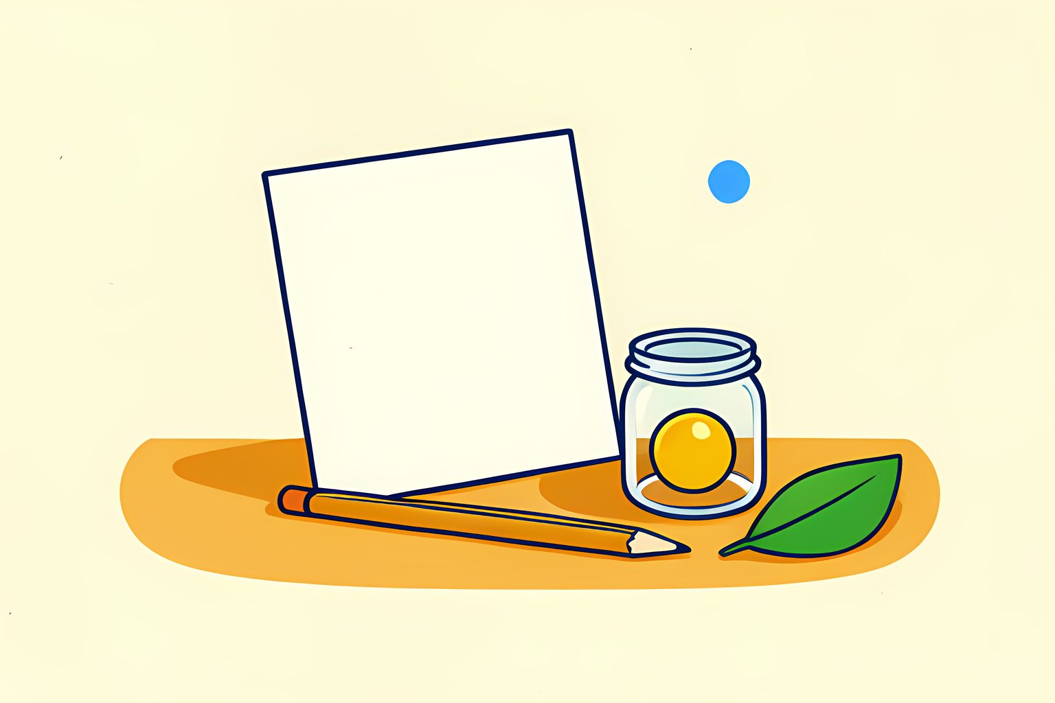 A sunny wooden desk holds a blank cream form, a small unmarked glass jar with one gold coin, a pencil and a tiny blue dot.