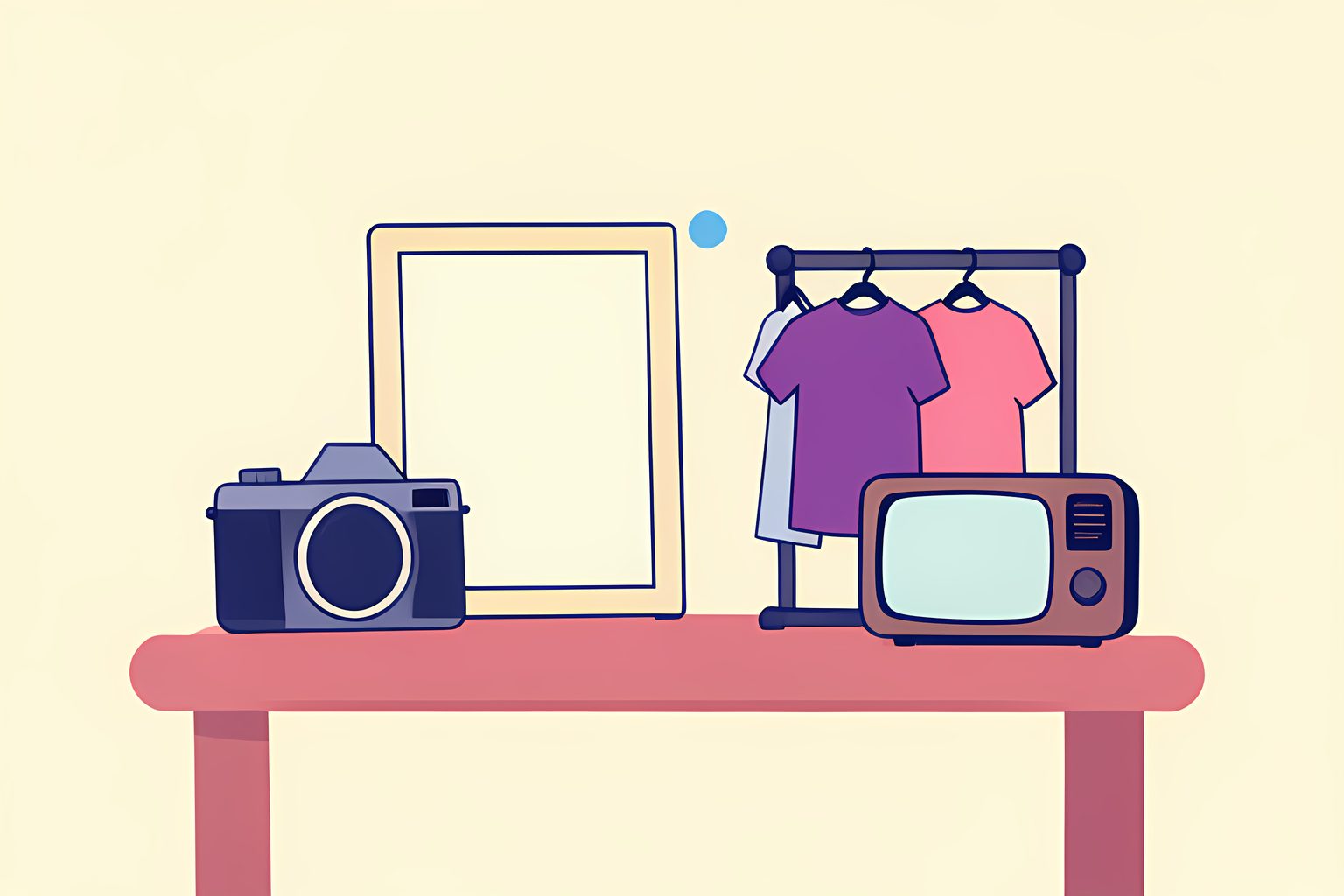 A warm still life with a blank camera, an empty picture frame, a rack of unmarked clothes and a small old television, lit by morning sun with a tiny blue dot and no people or text.