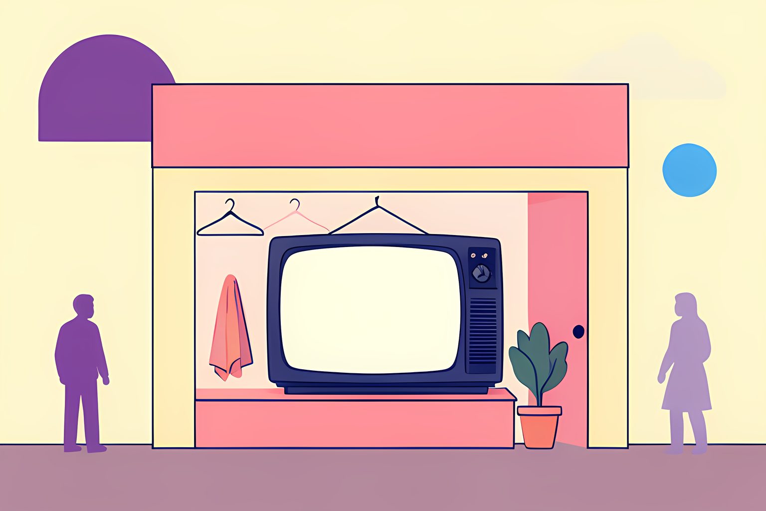 A sunny stylized storefront with a blank old television glowing in the center window, empty clothing hangers inside, a tiny blue dot near a potted plant, and no people or words.