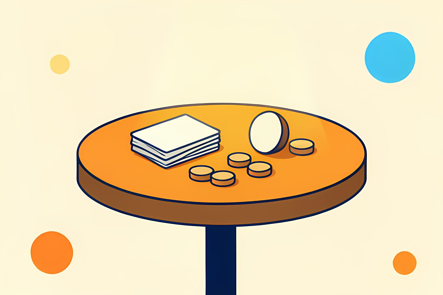 A round wooden table set for a family game night, a stack of blank cards and scattered wooden tokens, one token tipped onto its side apart from the rest under warm lamplight.