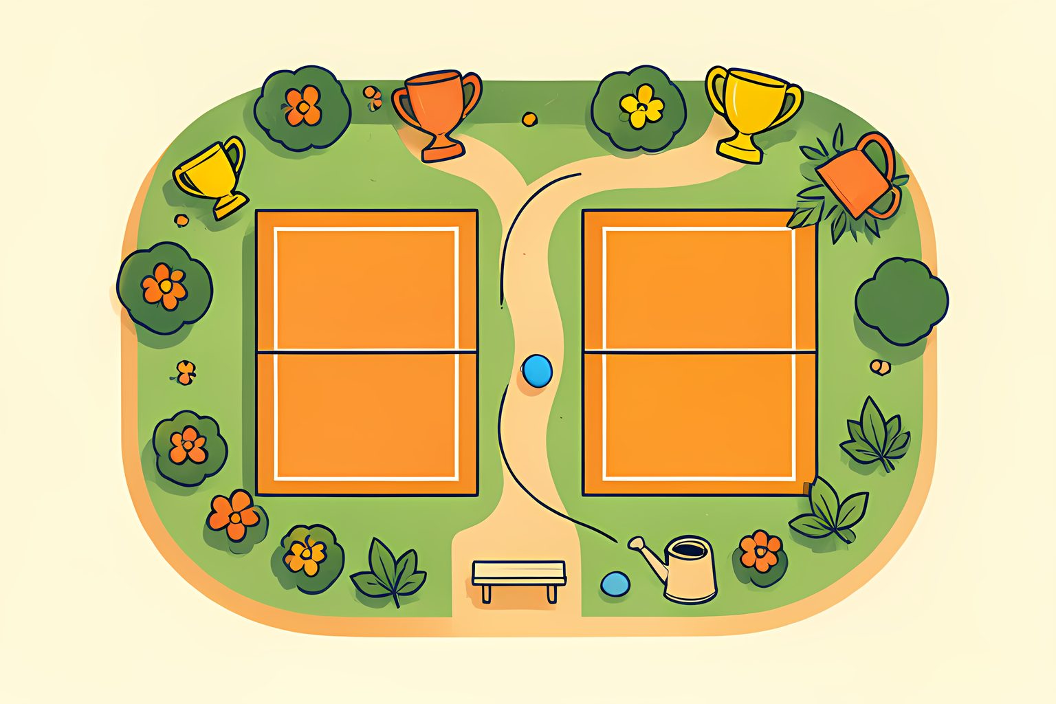 Two empty miniature clay courts sit beside separate unmarked trophies, with a tennis ball following a looping path between them.