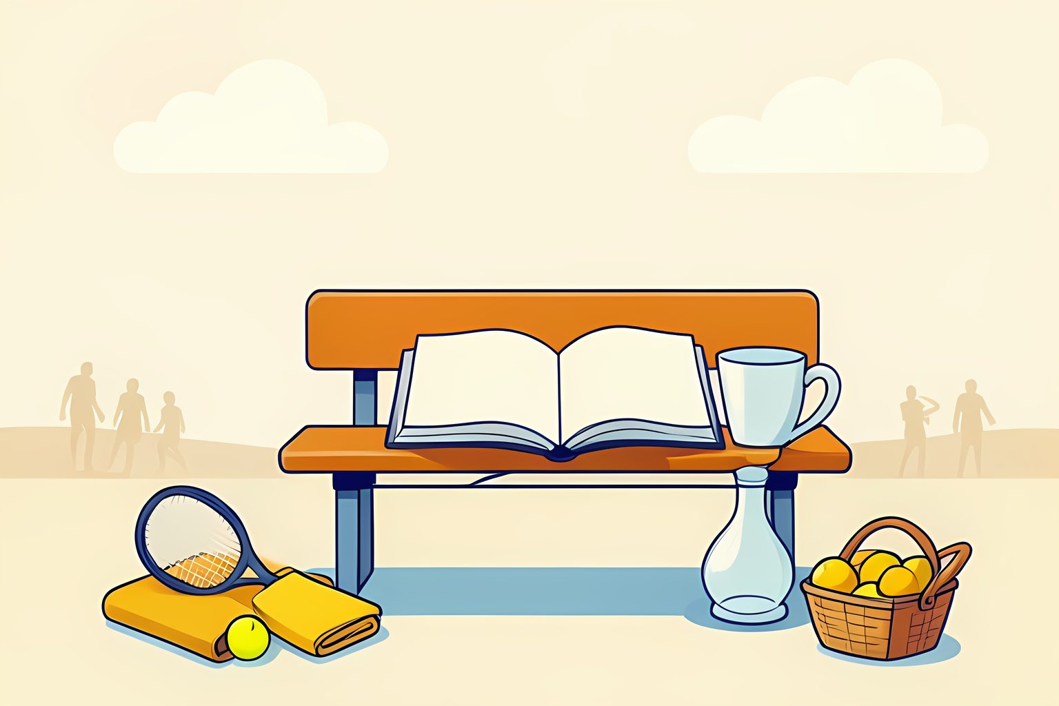 An unmarked open book, a tennis racket and a ball rest on a sunlit courtside bench beside a plain glass trophy.