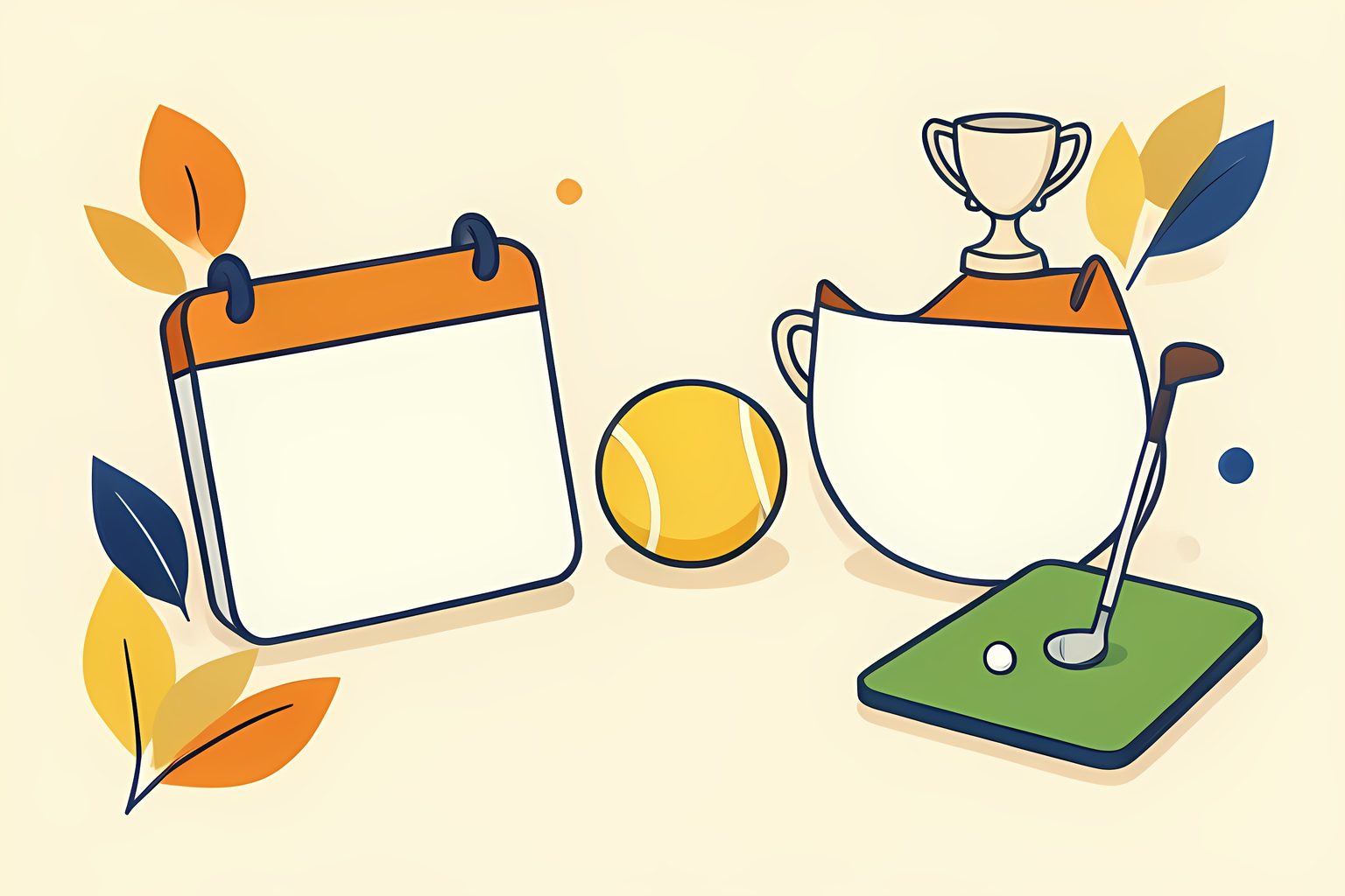 A tennis ball rests between two differently shaped loops of blank calendar tiles beside a small unmarked trophy and a miniature putting green.