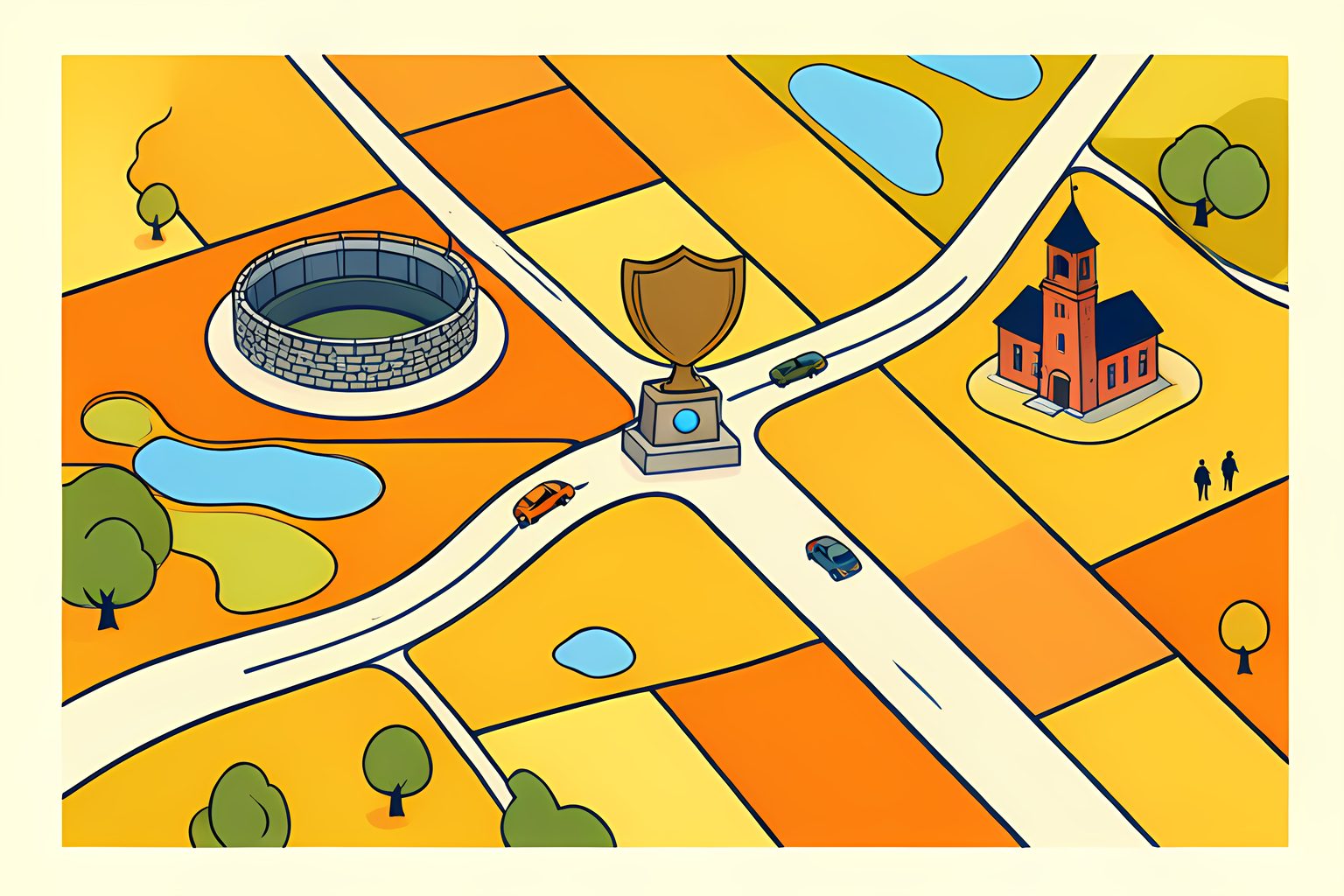 Flat editorial illustration of a sunny stylized map of flat northwest Ohio farmland, with a ribbon of highway linking two small college towns and a bronze trophy on a stone pedestal standing at the halfway point, a small blue dot on the pedestal.