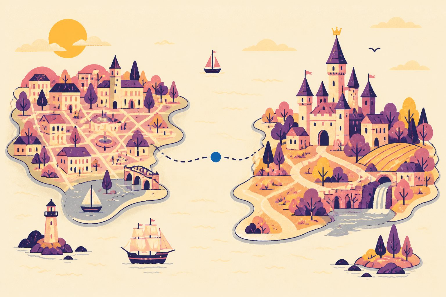 A warm stylized map with two small lands side by side: a city grid with a tiny web pattern on one side and a fairy-tale castle with a tiny crown on the other, joined by one dotted line, a small round blue dot between them, no labels, people, or text.