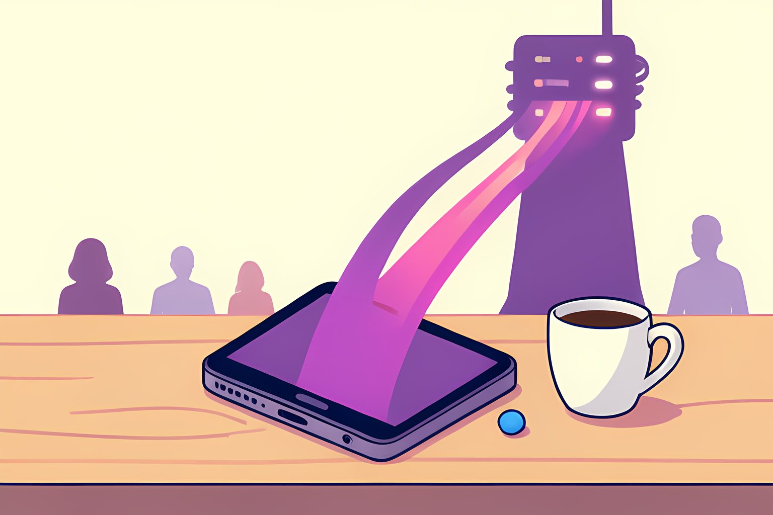 Stylized vector illustration of digital game streams flowing from cloud server racks into a sleek screen on a sunlit table
