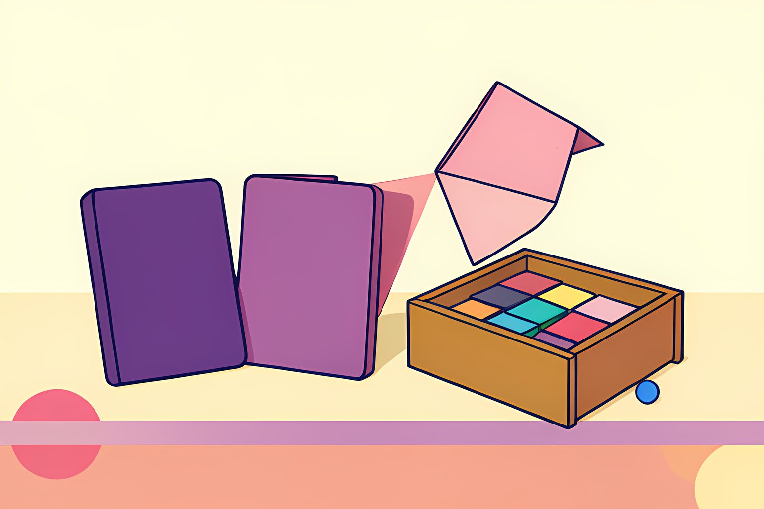 Stylized still life of blank game cases beside a small open library drawer full of colorful geometric tiles on a cream tabletop.