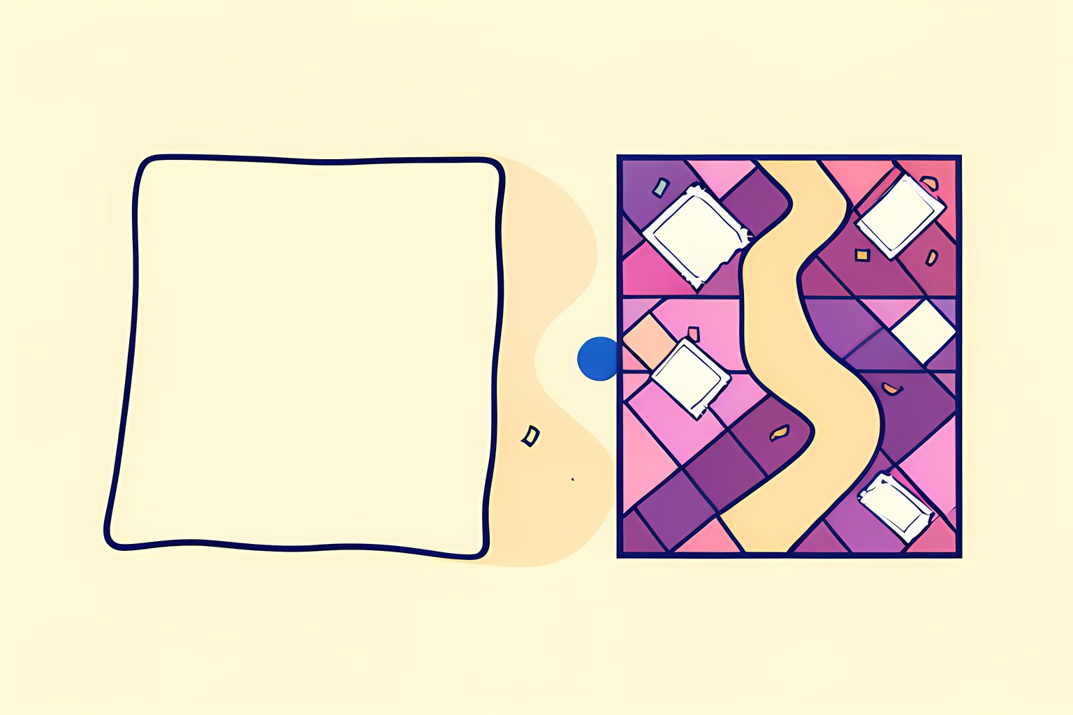 A cream picnic blanket and a glowing dance-floor grid joined by a bright winding path through an open doorway.