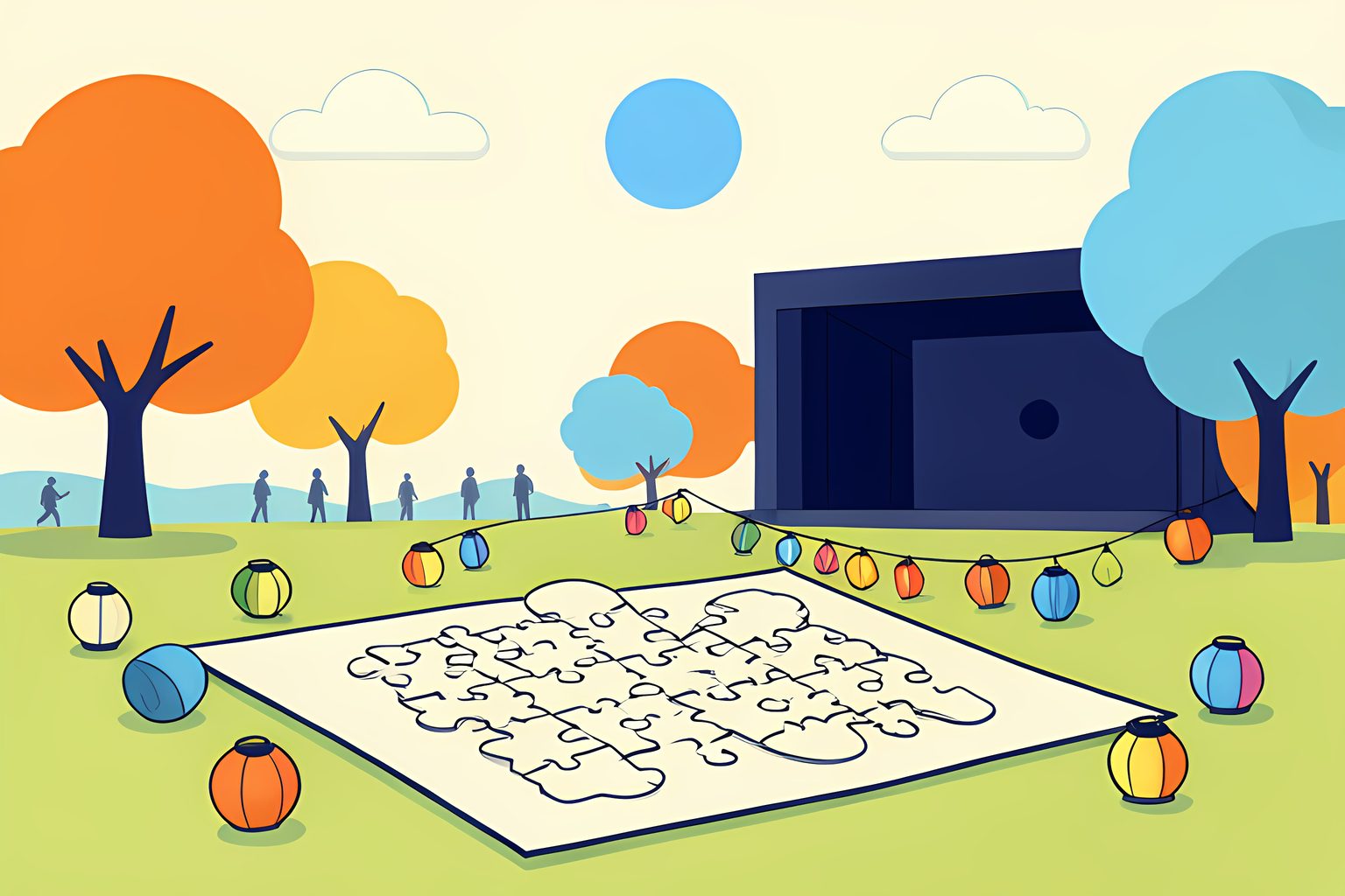 A sunny park picnic with a blank butterfly-shaped puzzle, unmarked card sleeves and a path leading toward an open concert stage.