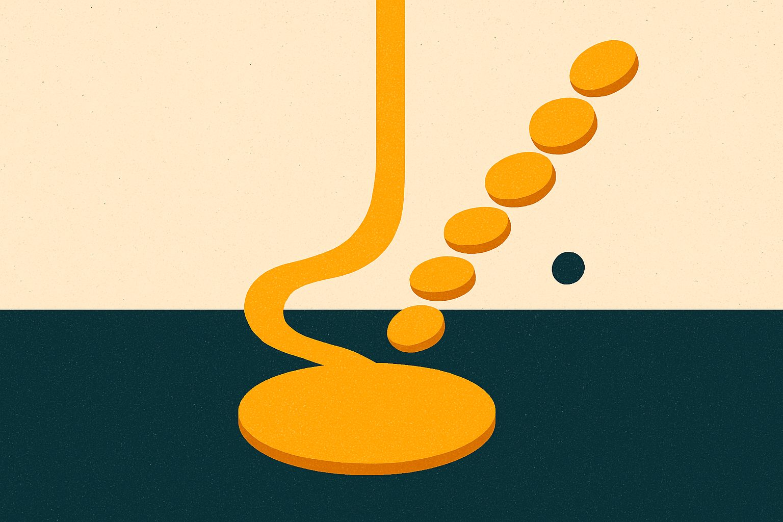 A golden stream divides into one broad pool and a rising trail of plain coin-like discs.