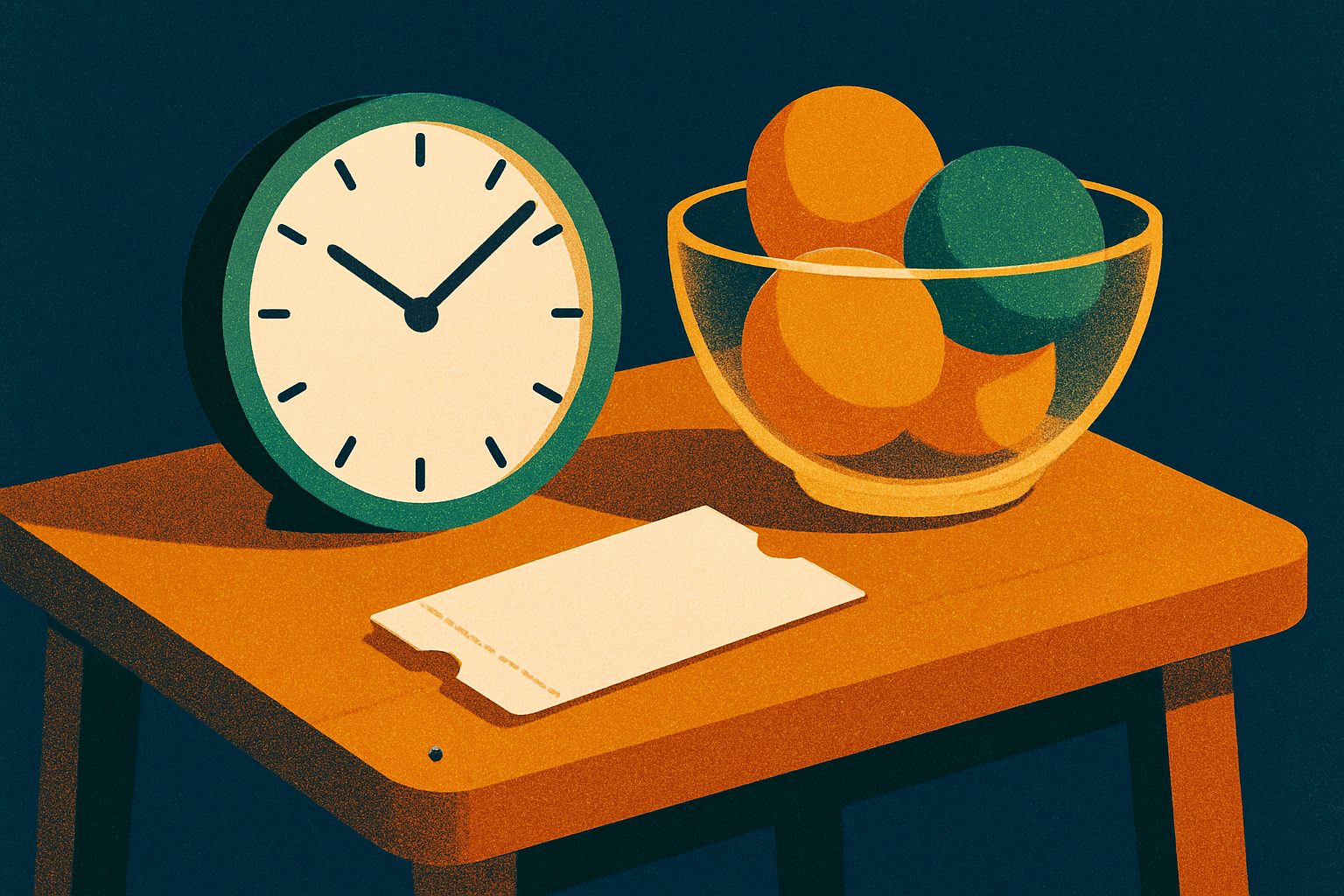 An unmarked paper ticket rests beside a numberless clock and a bowl of colored balls.