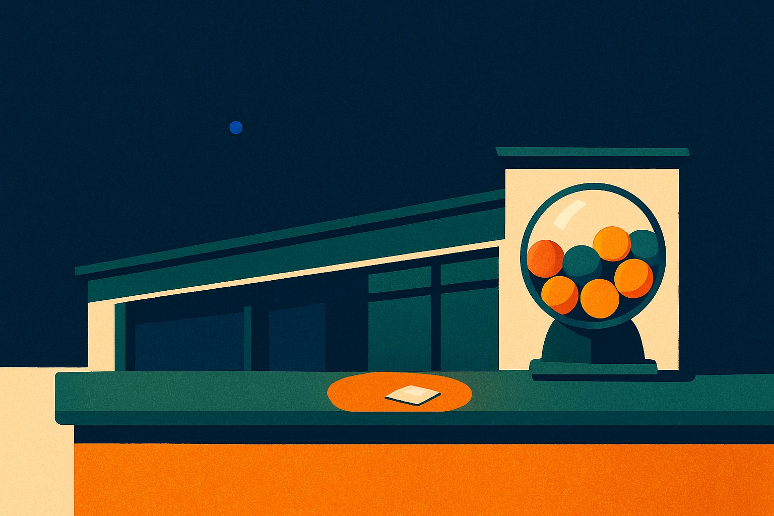 An unmarked lottery ticket glows on a quiet shop counter beneath a wide midnight-blue wall.