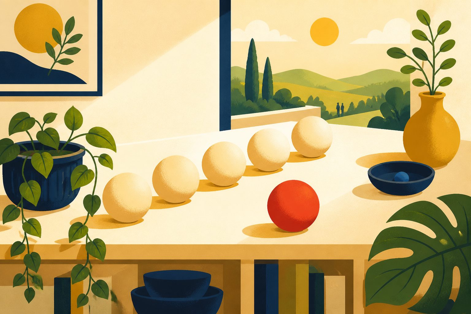 A cheerful pattern of five pale numbered-free balls interrupted by one bright red ball, all without text.