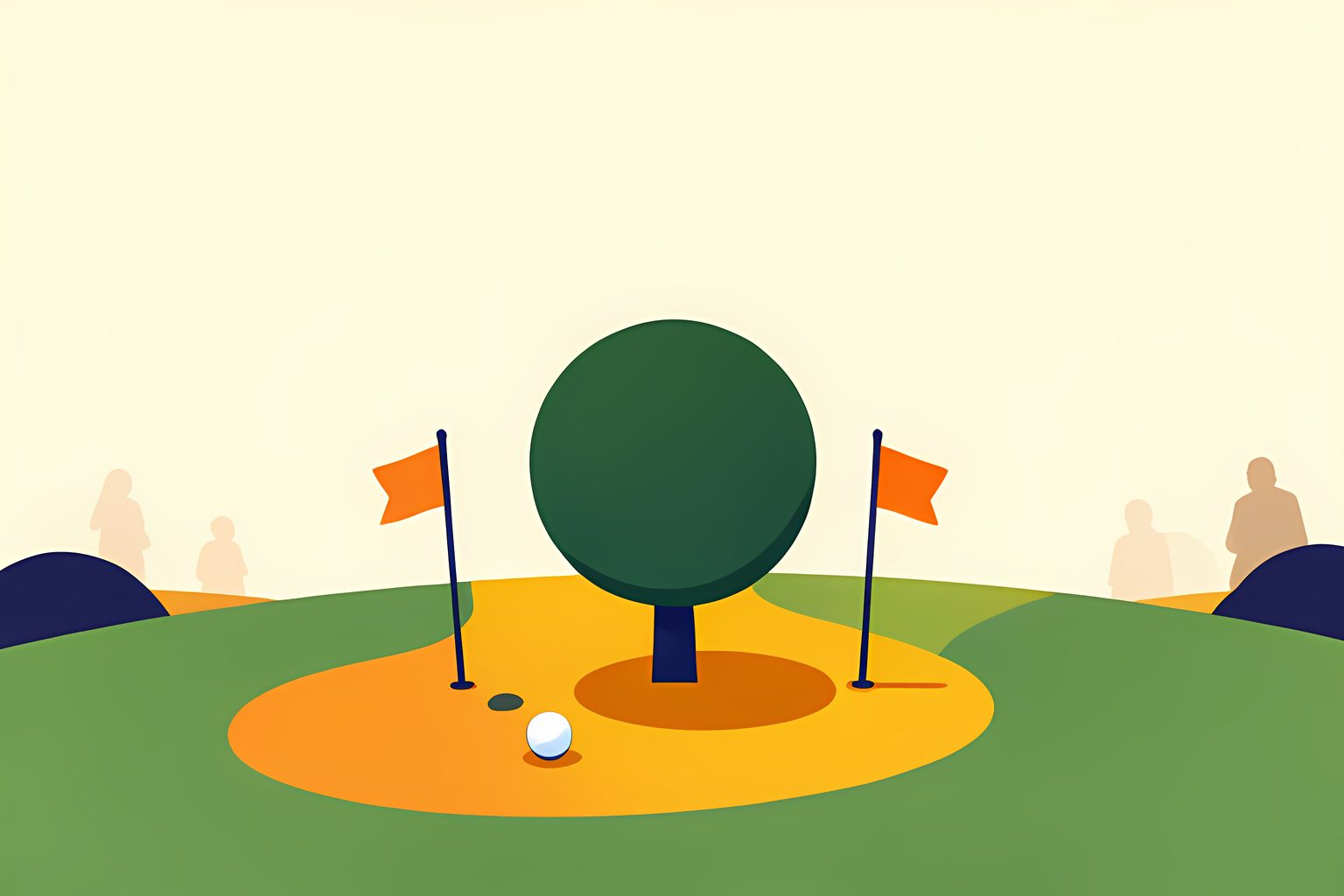 A text-free, person-free sunny golf green with a blank globe-shaped topiary between two unmarked flagsticks, tiny golf balls on the grass and a tucked blue dot.