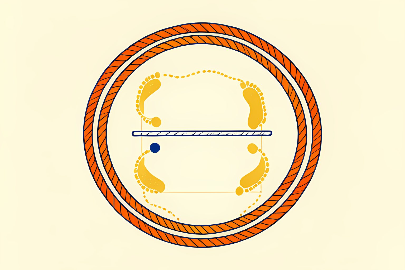 Abstract illustration of a round canvas seen from above, with two short parallel lines across the middle and soft curving paths showing footsteps returning to the lines.