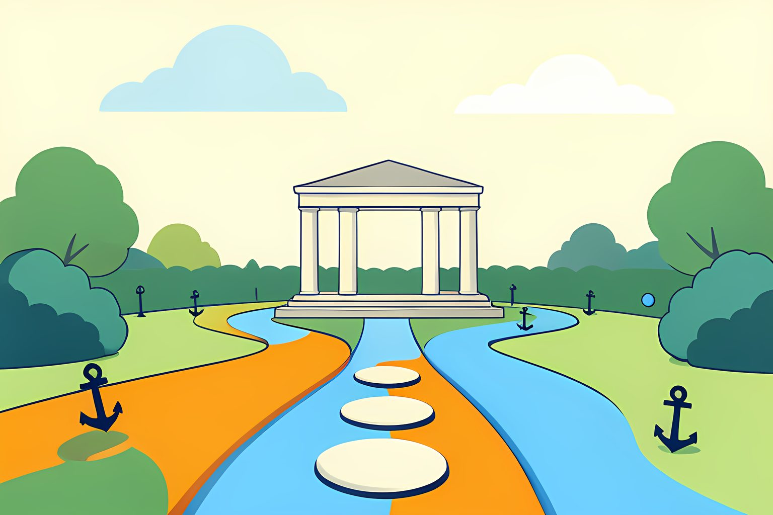 A sunlit, person-free public garden with three graceful paths meeting at a plain stone pavilion, with blank stepping stones and a small blue dot.
