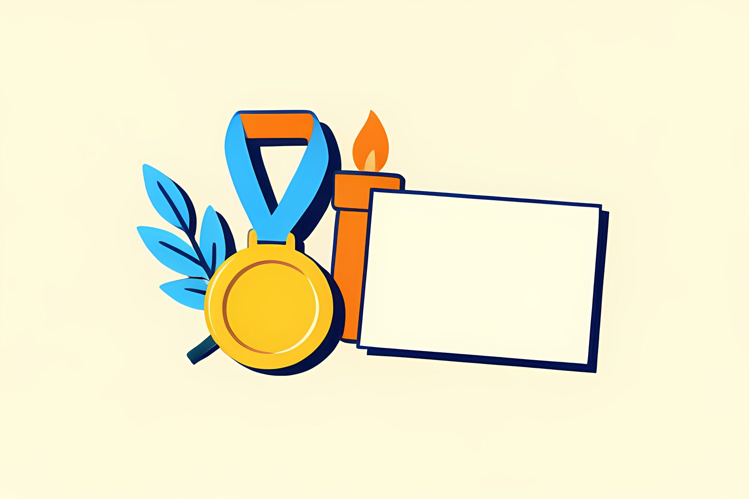 A warm, person-free still life of a blank gold medal, a small unmarked torch, a sprig of leaves and a plain invitation card on a sunny cream table.