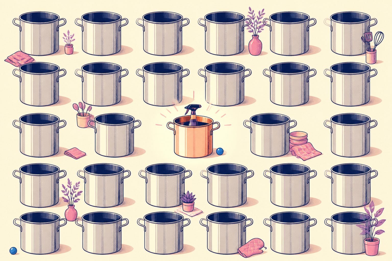 Warm editorial illustration of stainless steel stockpots and dish racks catching bright morning coastal daylight.