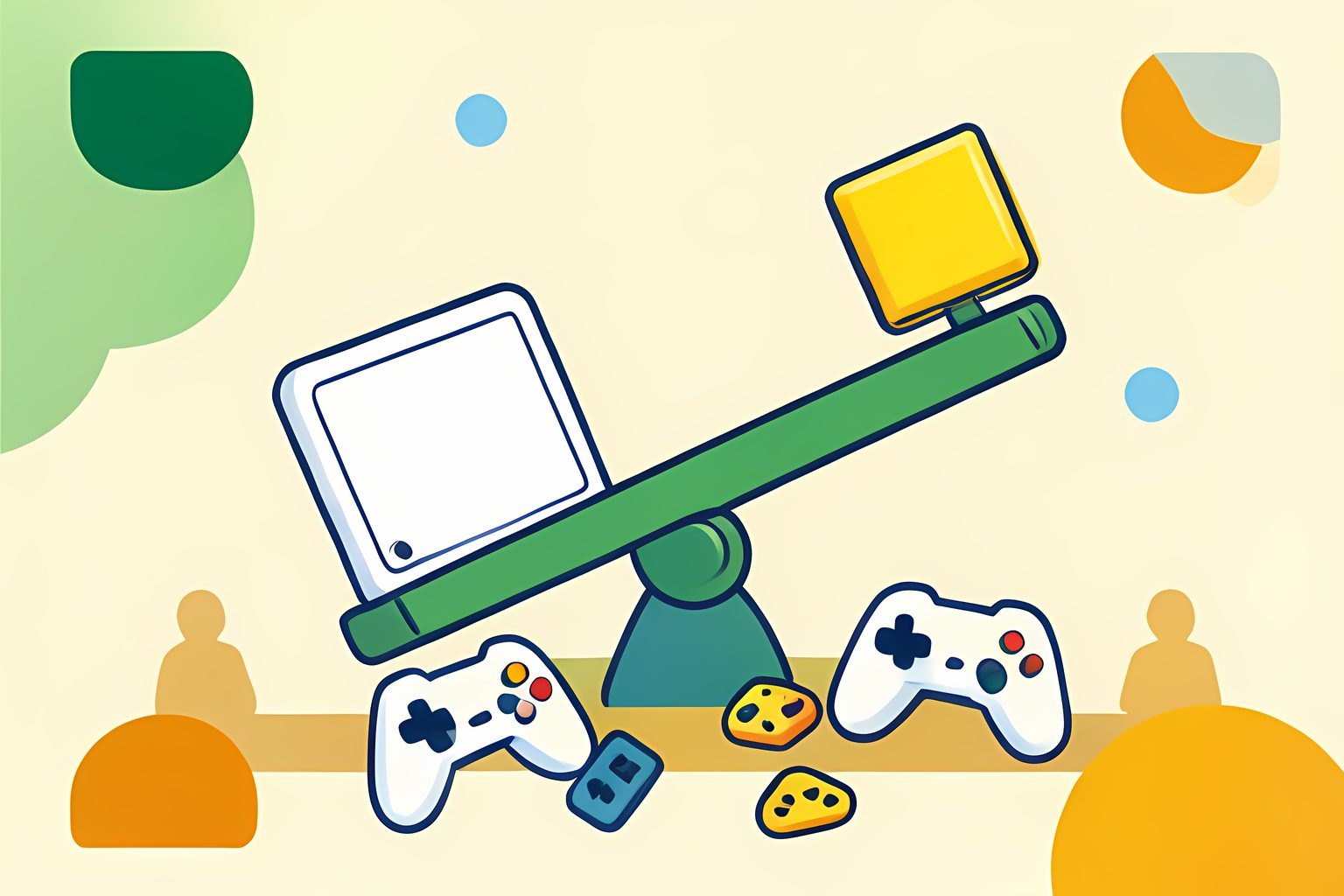 A text-free, person-free scene of a small blank white game-console shape balancing a golden memory-chip tile on one end of a gently tipped seesaw, with a cheerful scattering of controller buttons below.