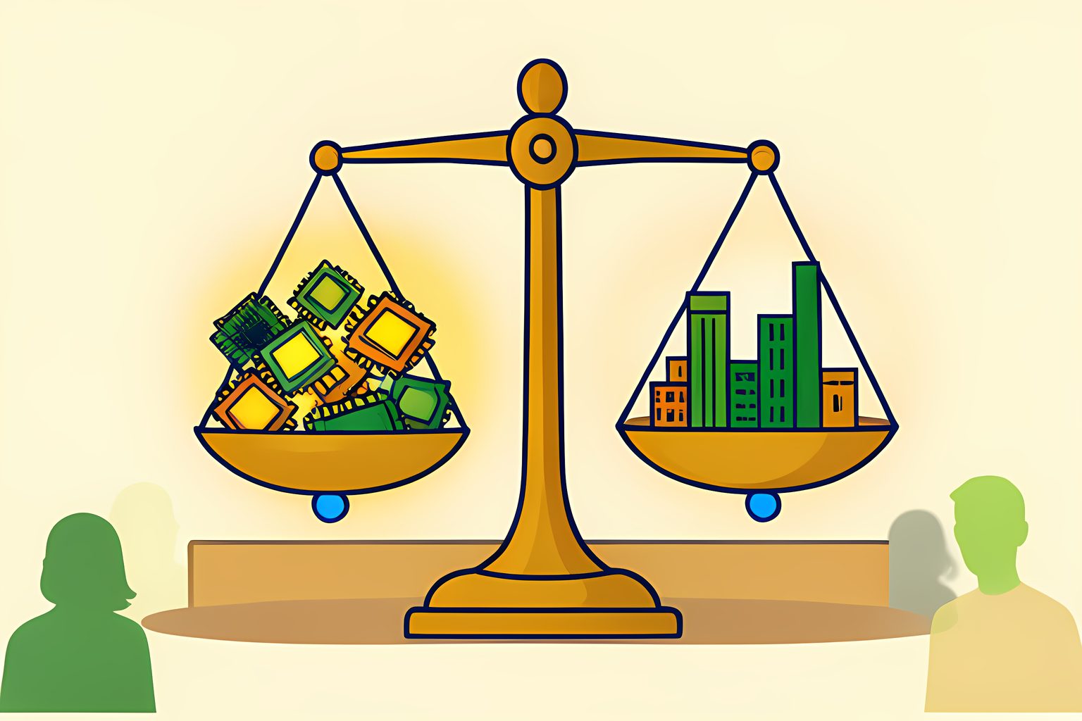 A warm stylized brass scale balancing glowing miniature city skyscrapers and semiconductor wafers on a clean wooden tabletop.