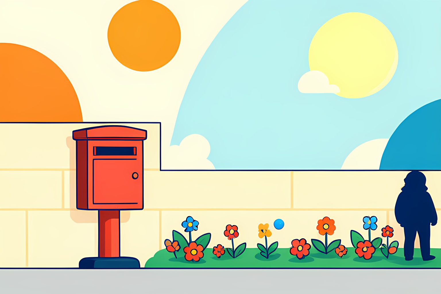A bright, person-free street scene with a plain red cast-iron postbox near a cream stone wall and a small public garden, its metal face intentionally blank and a tiny blue dot tucked among the flowers.