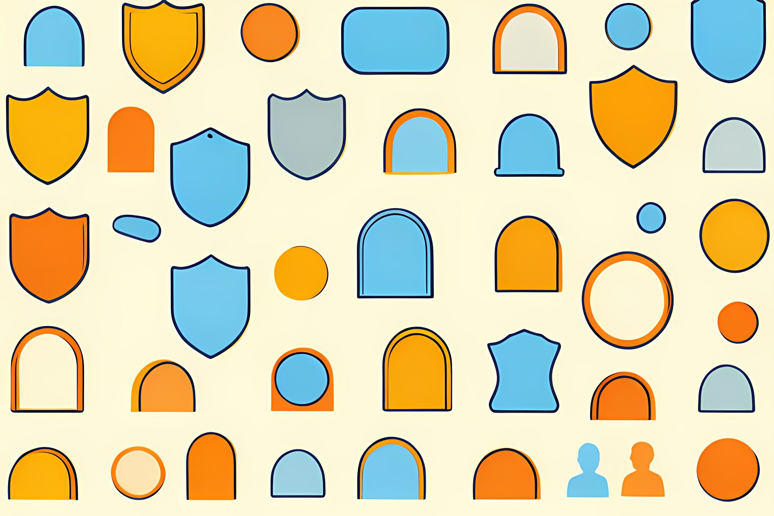 A cheerful repeating pattern of blank cast-metal plaques, shields, circles, and tiny rounded arch shapes on warm cream, with one sky-blue piece playfully out of line and no people, text, logos, or royal insignia.