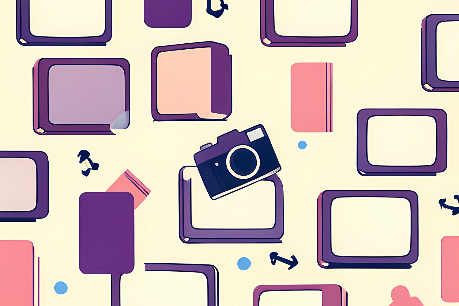A cheerful pattern of blank book shapes and unmarked television screens, with one small camera breaking the pattern.