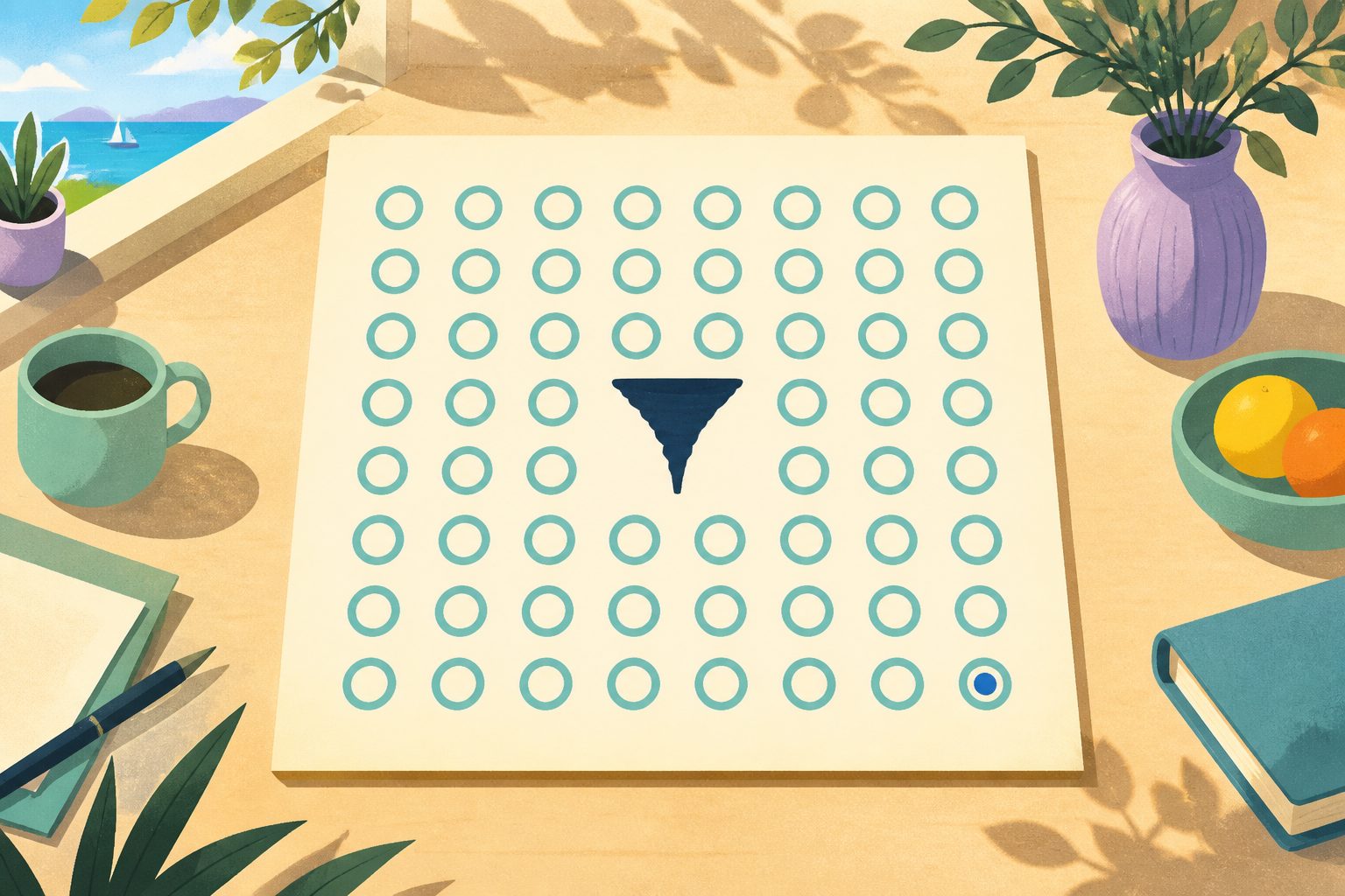 A warm illustrated grid of identical soft teal radar-blip circles arranged in rows, with one circle near the center rendered as a solid funnel shape that breaks the pattern.