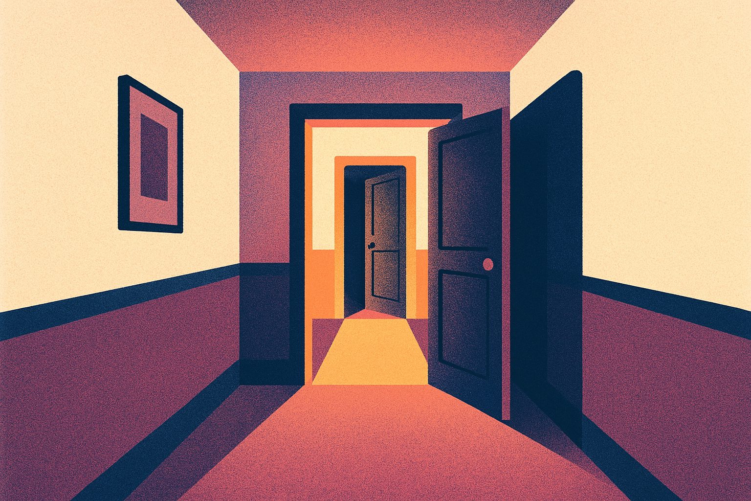 A warm open doorway waits at the end of a richly colored apartment hallway, with another lit doorway beyond it.