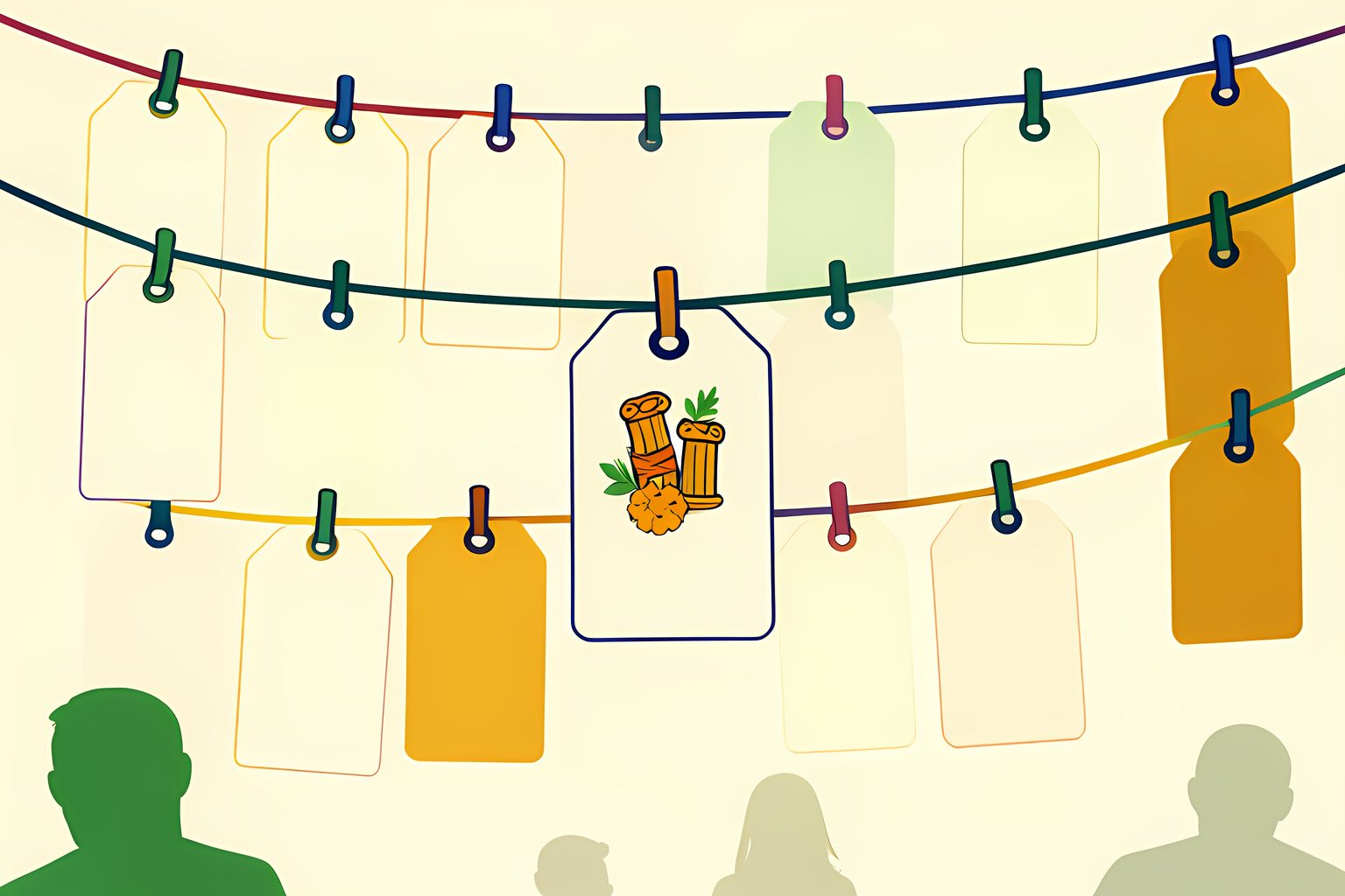 Rows of identical small cream paper tags hanging on strings against a soft background, with one tag in the middle painted with a tiny pair of ribbon-wrapped pillars instead of being plain.