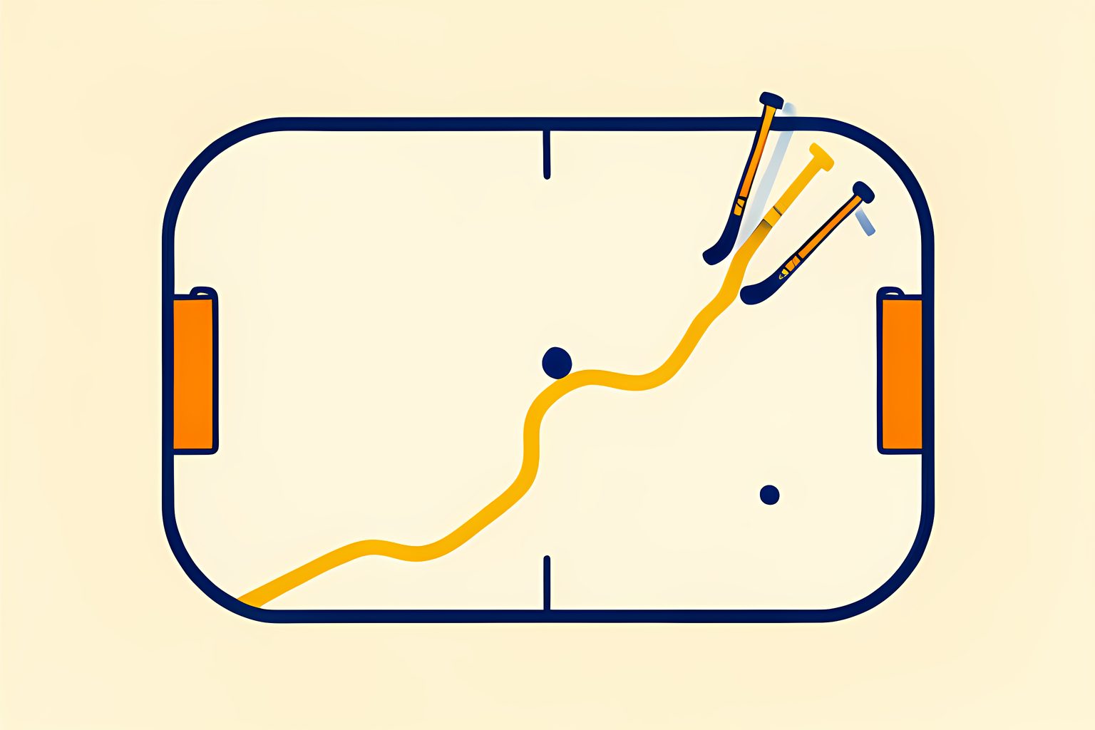 A text-free, person-free warm illustrated map of an empty hockey rink, with one open bench hook and three unmarked hockey sticks leaning together in morning light.