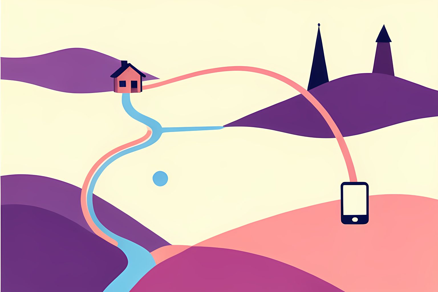 Stylized illustrated map showing two distinct glowing signal paths traveling across stylized terrain to a portable screen