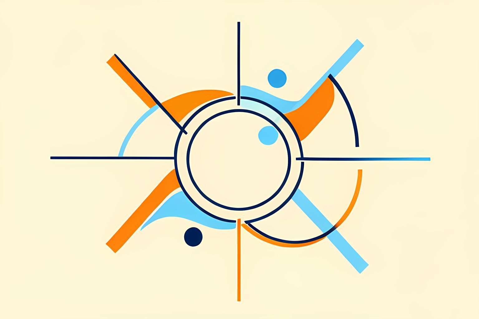 Stylized vector diagram of a bright central destination hub connecting radiating transit routes on a warm cream background.