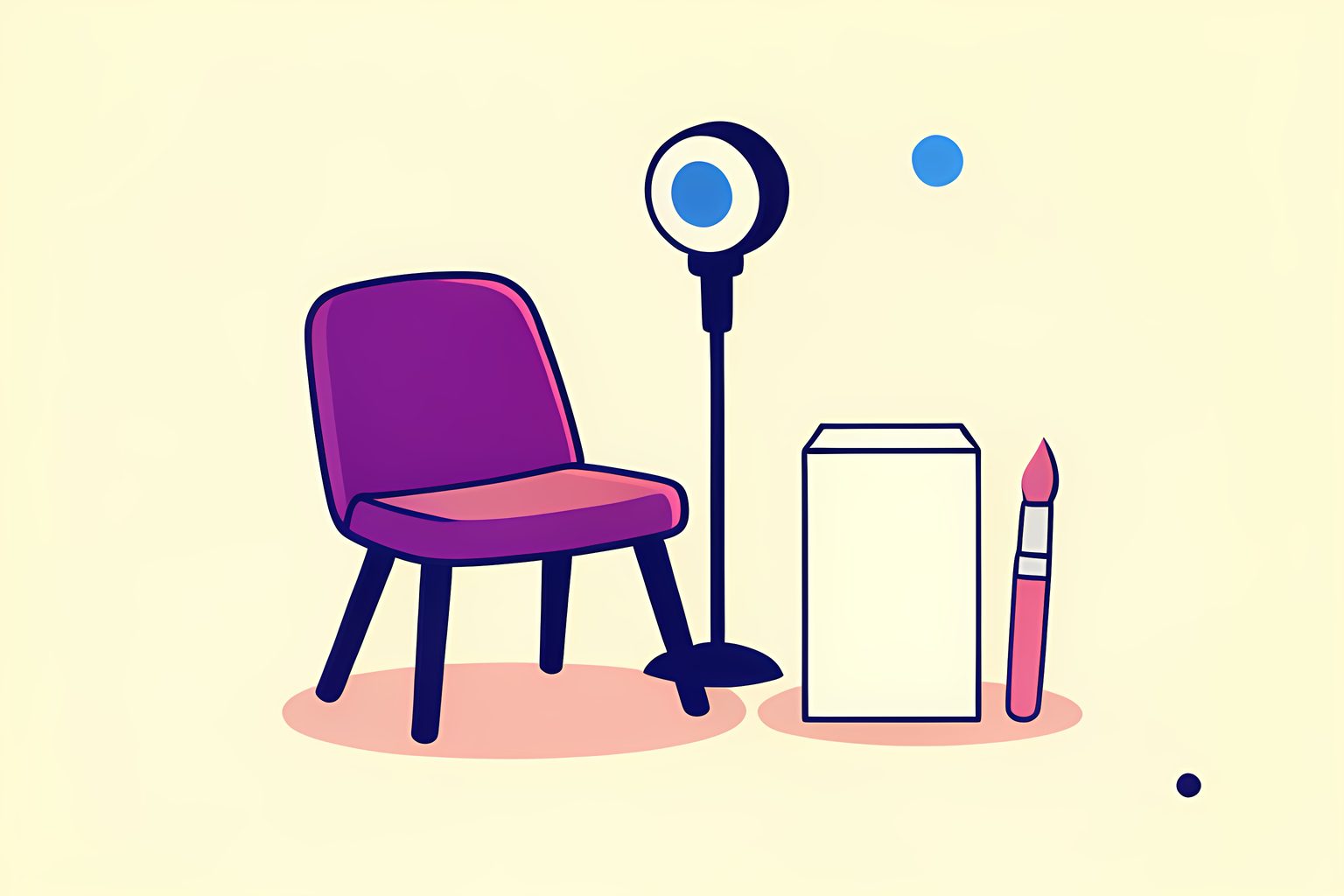 A bright, person-free editorial illustration of a lopsided empty chair beneath a small stage light, with a paintbrush and a neat repair box waiting beside it on a warm cream floor with plum, dusk-pink and navy accents.