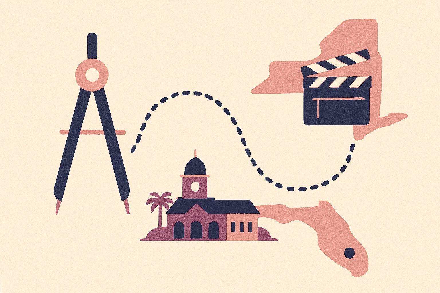 A warm unlabeled map links a drafting compass in Florida to two plain clapperboards on a New York soundstage.