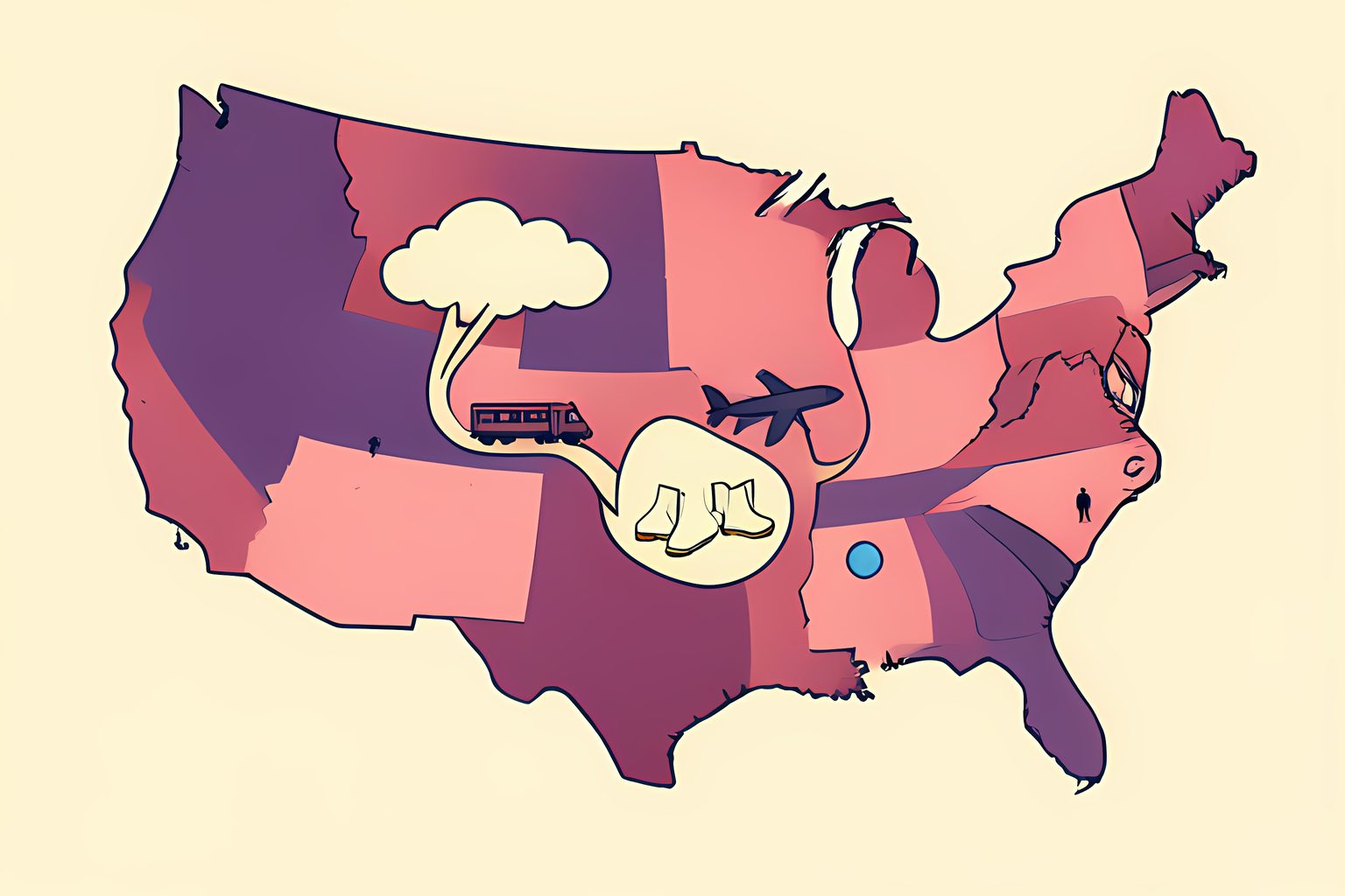 A text-free illustrated United States map with a looping weather ribbon that ends beside a cheerful circle of linked ice skates.