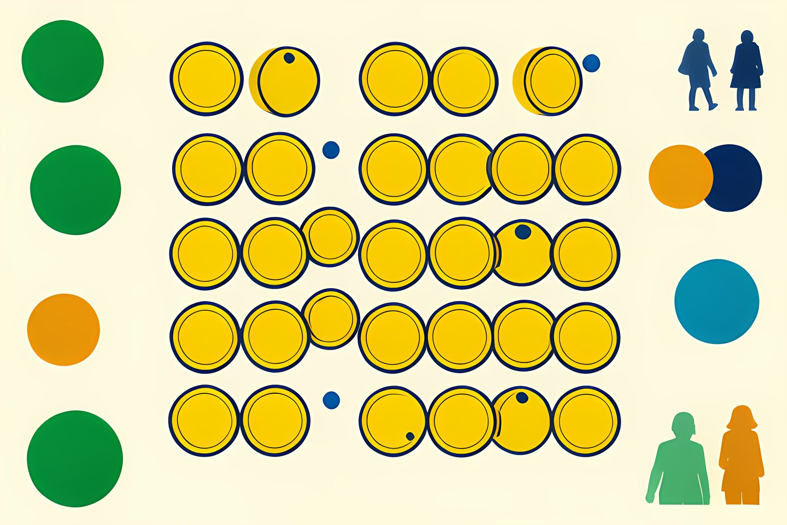 A tidy grid of identical gold coins on a cream surface, every coin face-up except one flipped to a blank face, forest green and amber, no text or people.