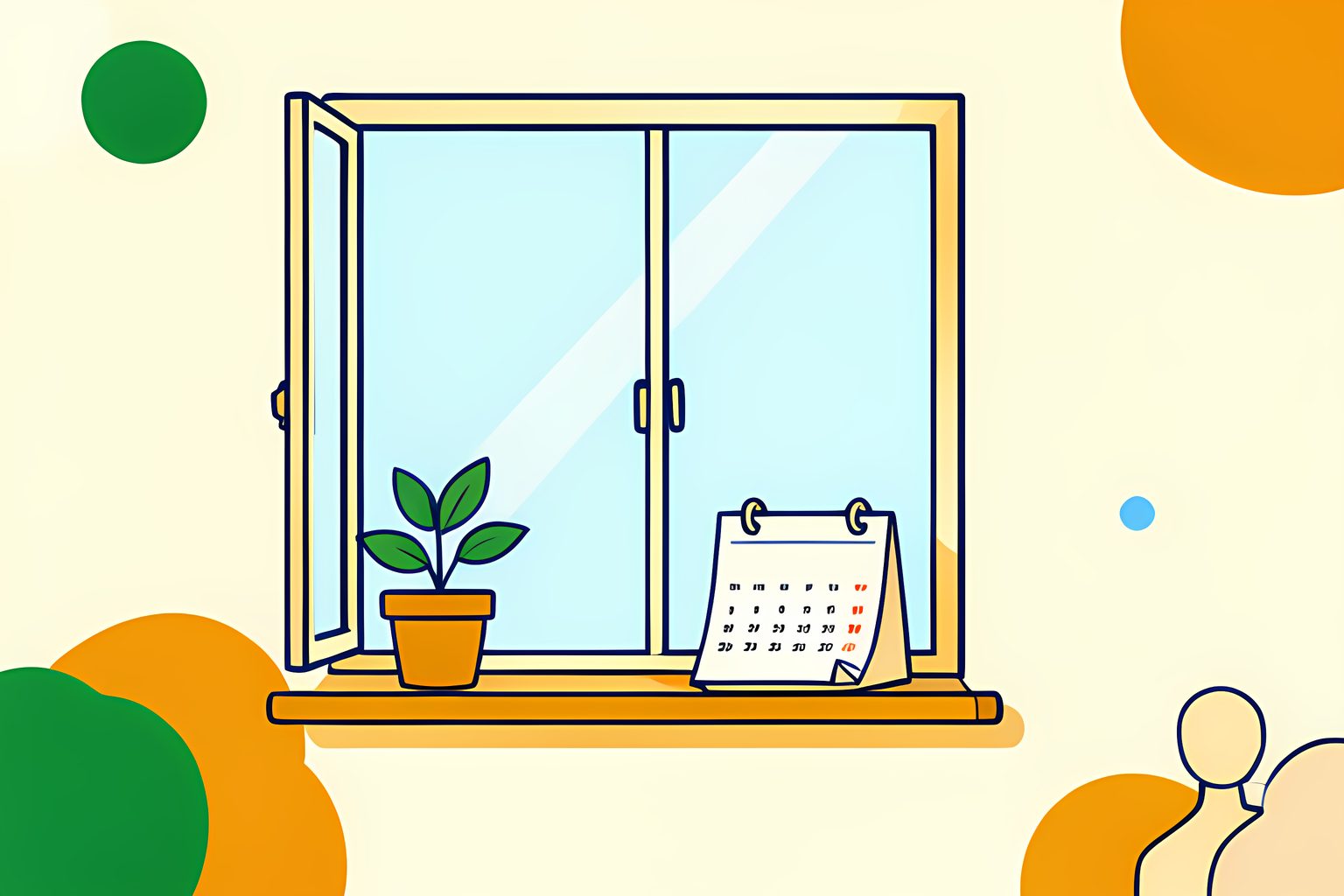 An open window in a warm cream wall, morning light spilling over a small potted plant and a blank paper calendar on the sill, one calendar page lifting in the breeze, forest green and amber, no text or people.