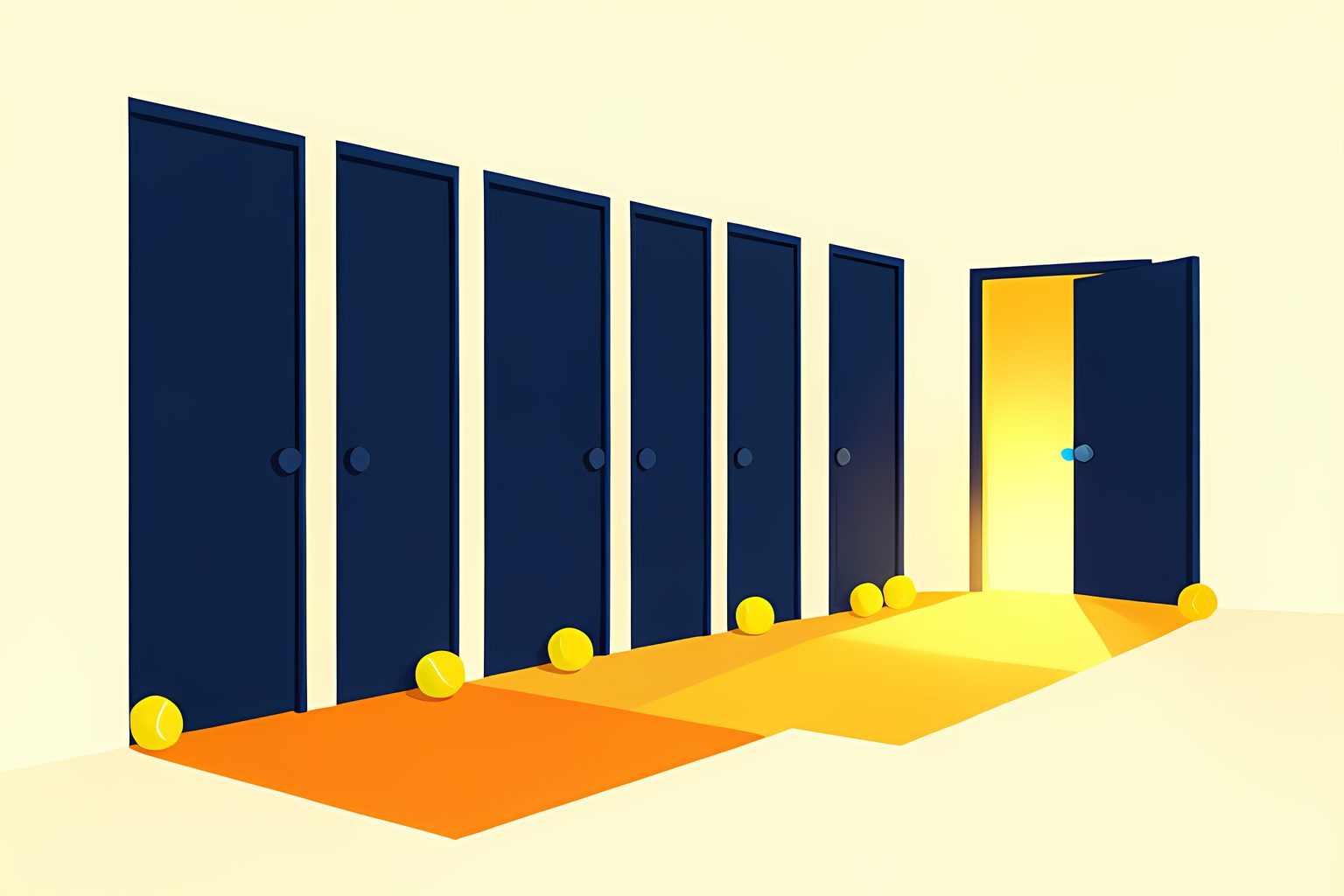 A row of ten identical closed doors along a bright sunlit corridor, with an eleventh door at the end standing slightly open and warm light spilling out.
