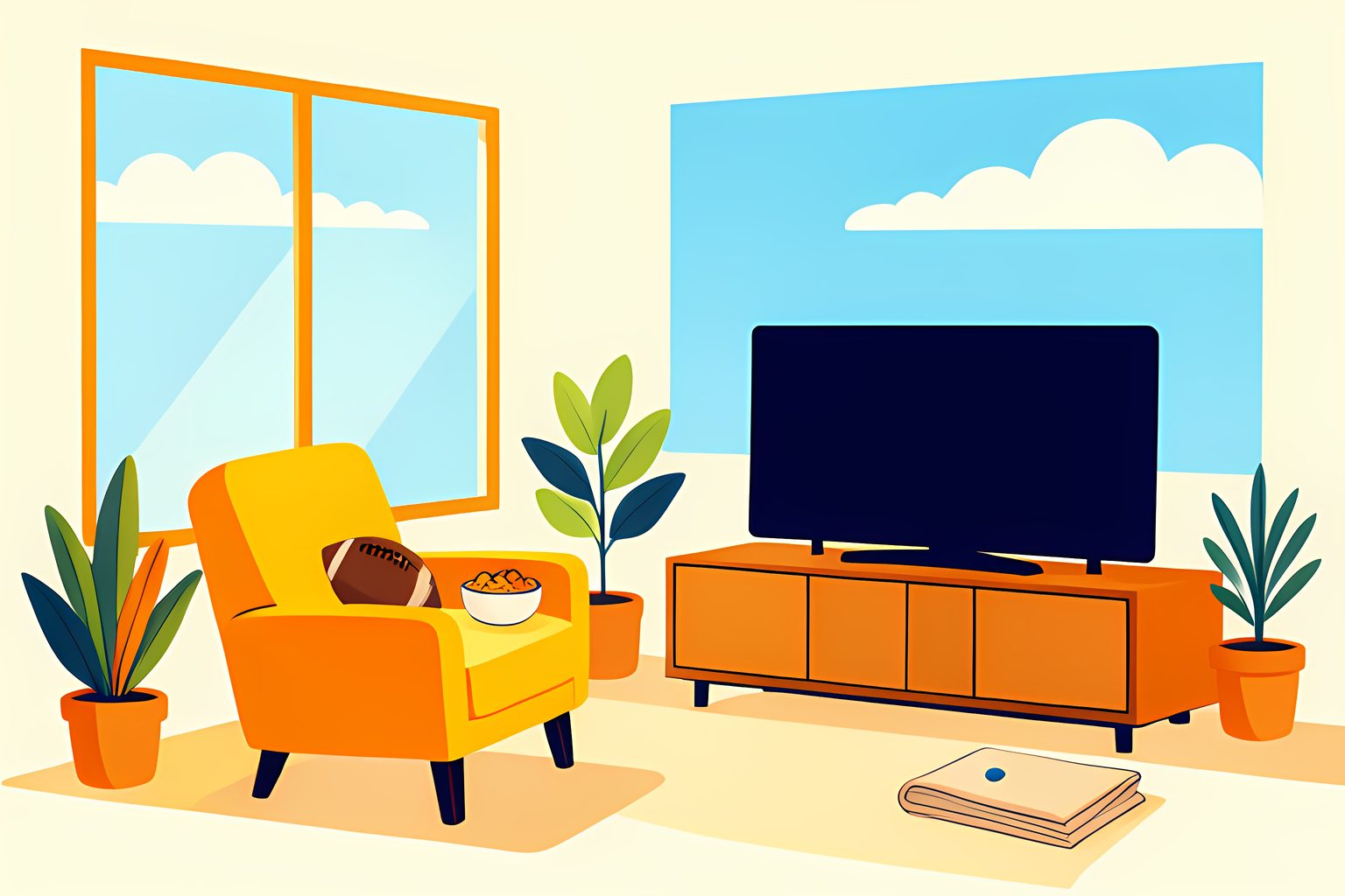 A sunny living room with an empty armchair facing a blank television on a low cabinet, a football resting on the cushion and a small stack of plain cards on the side table.