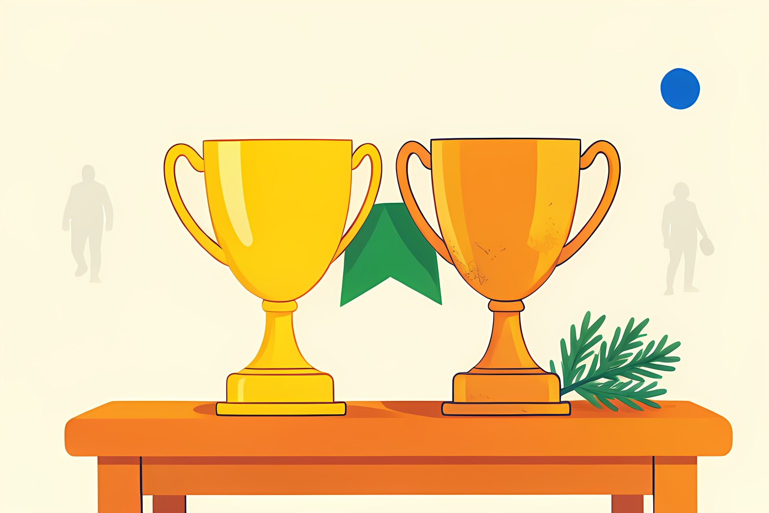 Two plain trophies side by side on a sunlit shelf, one gleaming new and one softly worn, with a green pennant shape draped between them.