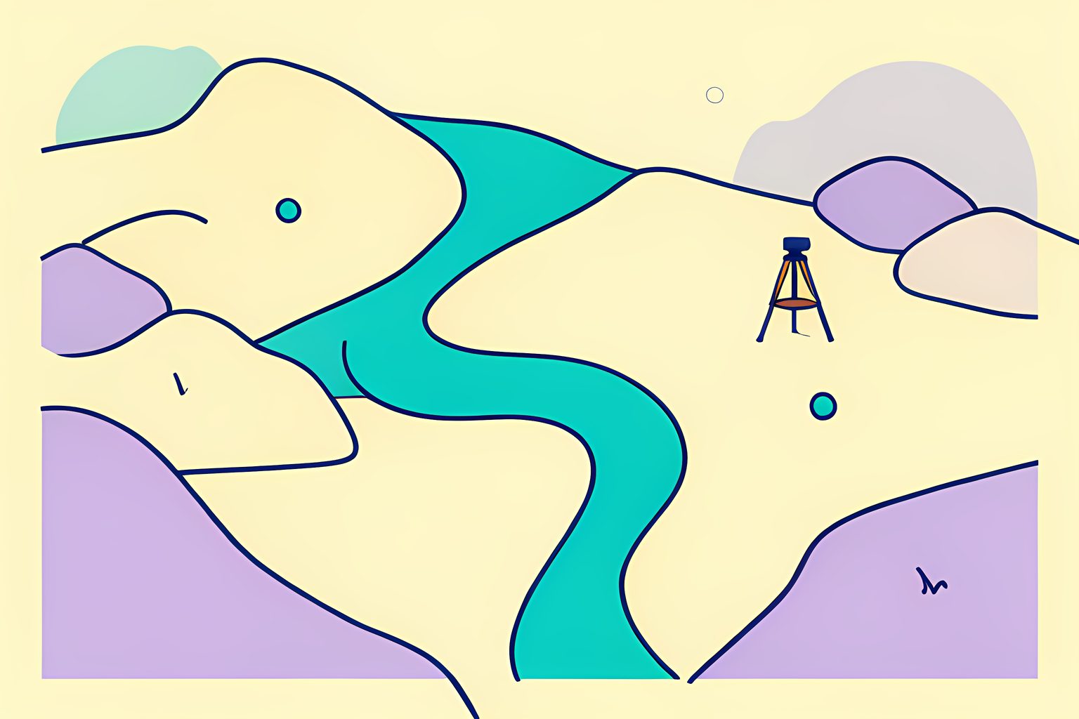 A bright, label-free map-like view of a warm hill with a seasonal creek making two right-angle bends, small quartz boulders, a survey tripod, and a tiny round blue dot.
