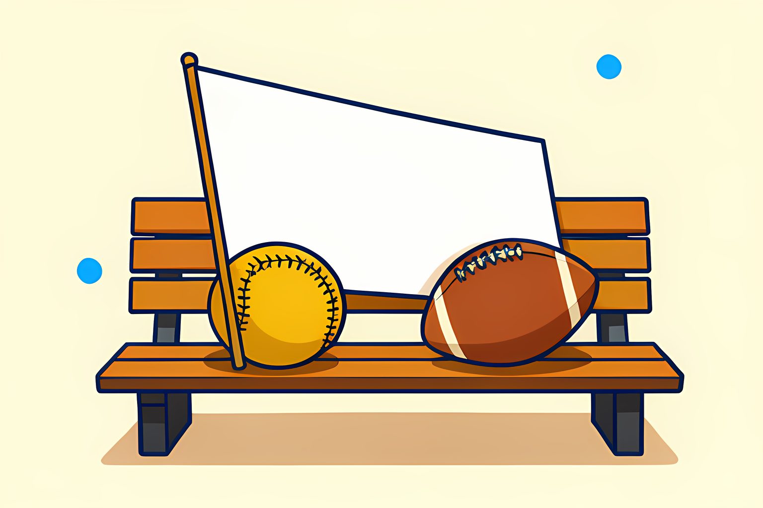 Two oversized baseball and football shapes resting side by side on a wooden bench in a sunny old ballpark grandstand, sharing one long shadow.