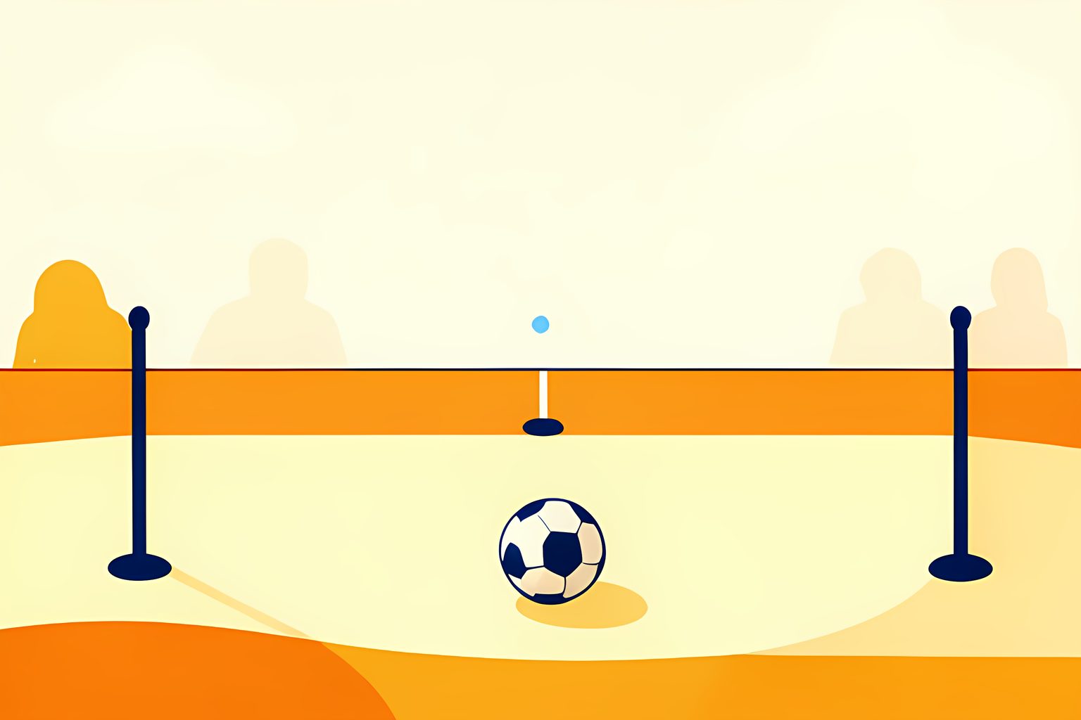 A sunny, text-free football pitch with three blank colored magnetic discs arranged near an unused ball, a small blue dot tucked beside the touchline, and no people or logos.