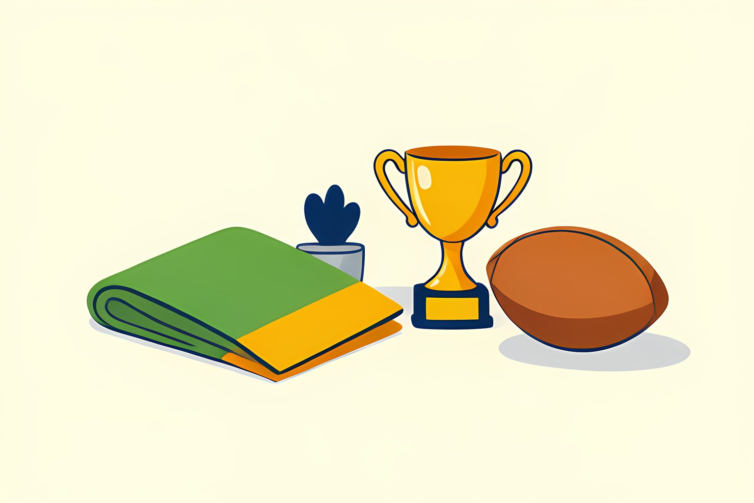 A warm still life of two plain football scarves draped beside a small unmarked trophy and a desert plant.